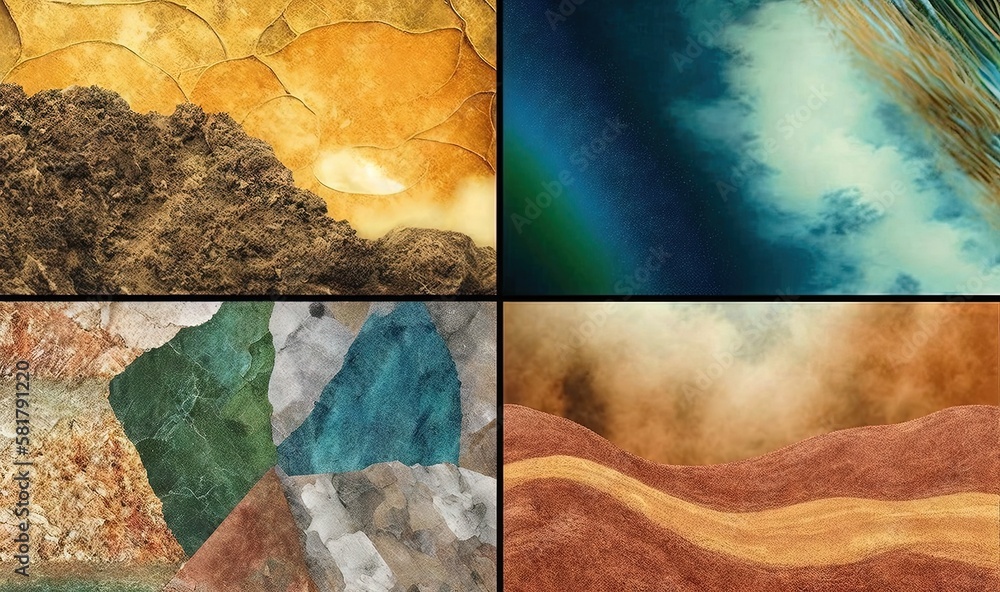  a series of four pictures with different colors and shapes of rocks.  generative ai