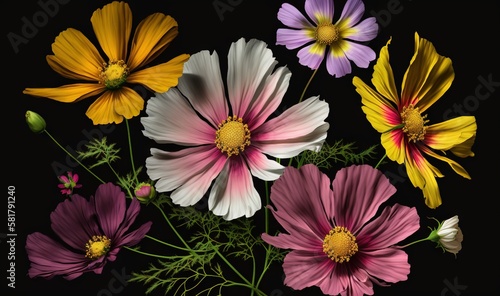  a bunch of different colored flowers on a black background with a black background.  generative ai