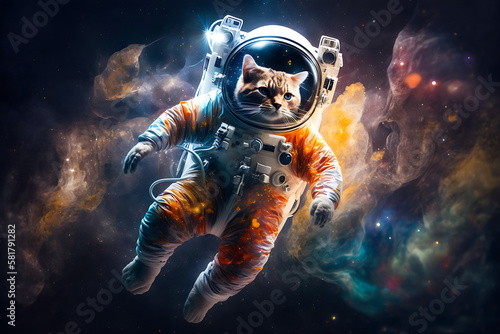 Cute cat in orange astronaut suite floating in space, generative AI