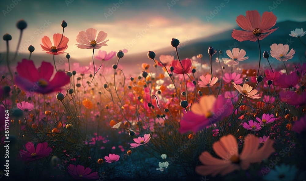  a field full of flowers with a sky in the background.  generative ai