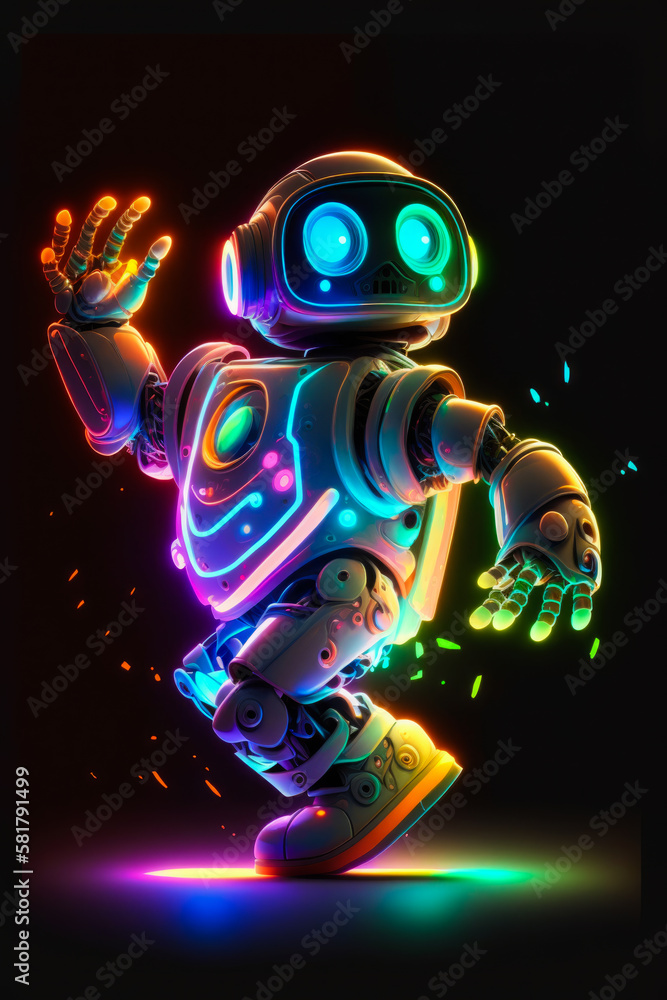 Robot in neon colors dancing on black background. Generative AI.
