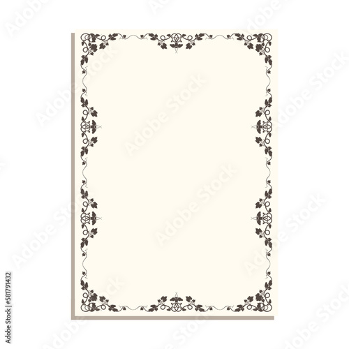 Rectangular frame with vines and leaves for decorative design of book pages, diplomas and certificates in A4 format. Minimalistic vector isolated on white background
