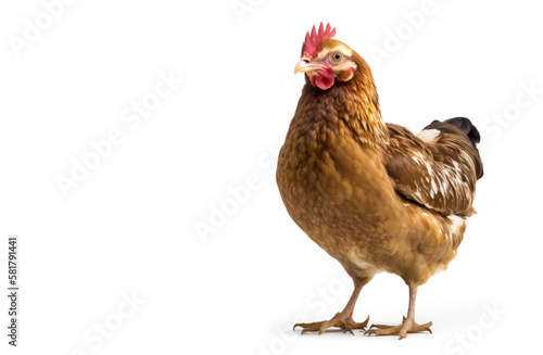 Chicken is standing on white background. Generative AI.