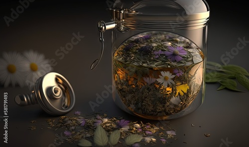  a glass jar filled with flowers next to a can of tea. generative ai