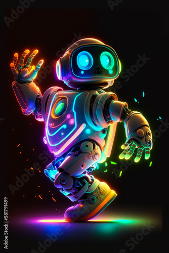 Robot in neon colors dancing on black background. Generative AI.