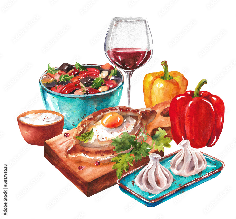 Watercolor dishes from a caucasian restaurant. Khachapuri, red wine, khinkali, lobio on a white background