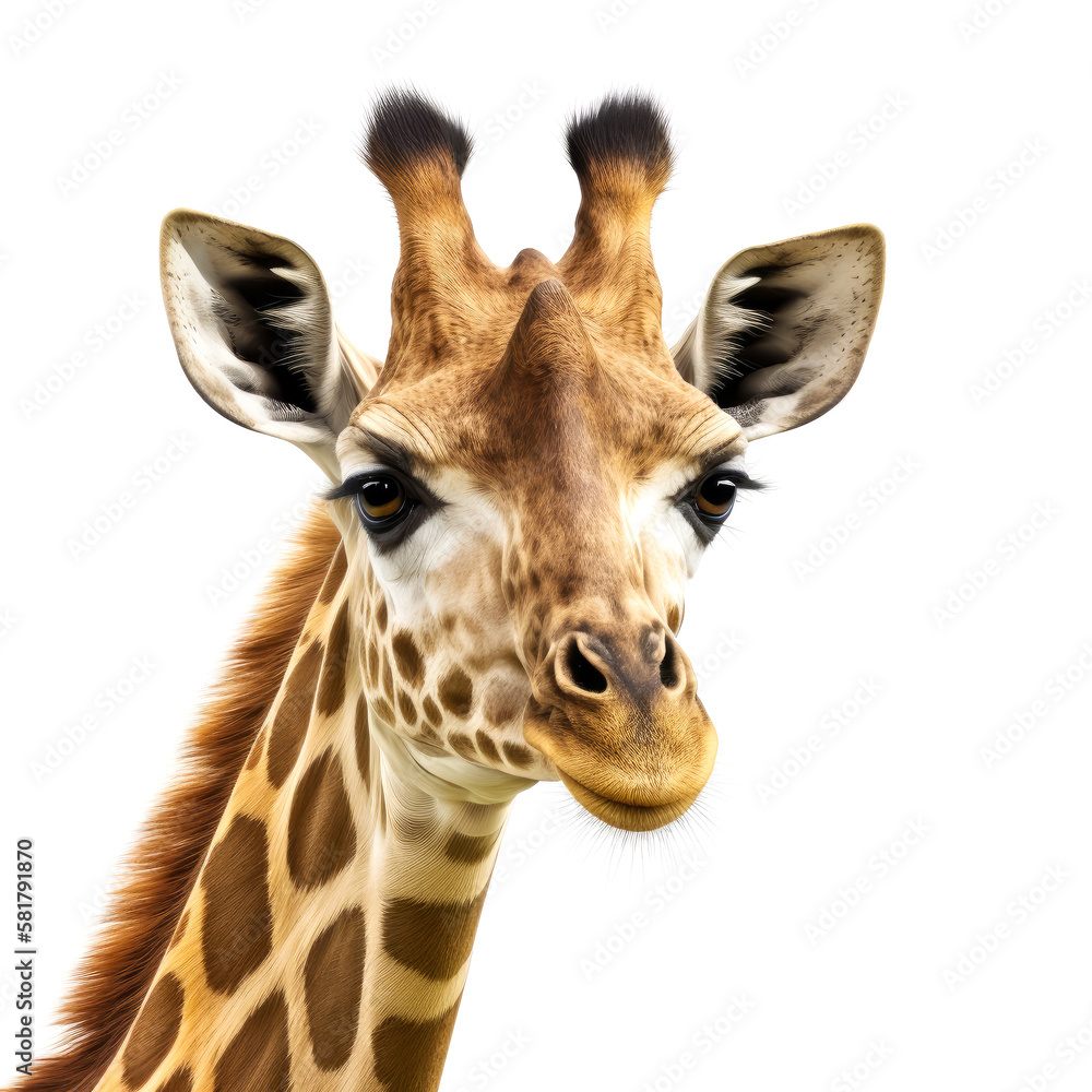Close up of giraffe's face on white background. Generative AI.