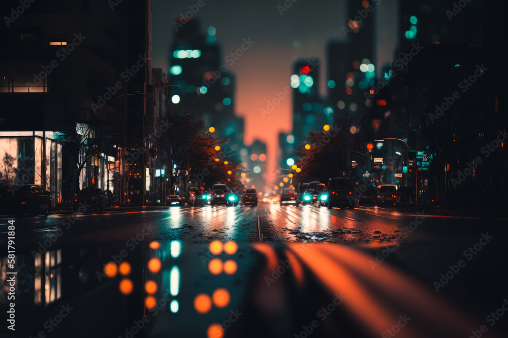 An image of city street at night. Generative AI.