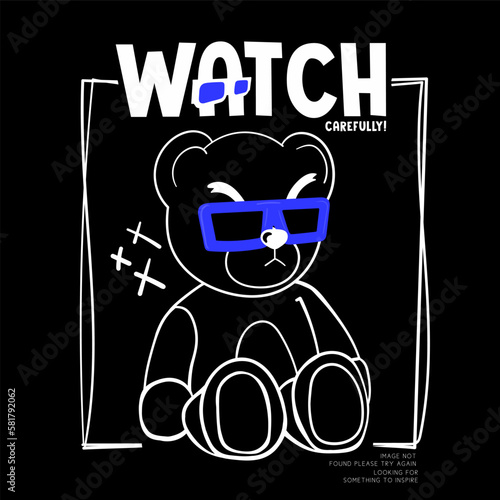 Hand drawn teddy bear. Doodle vector illustration. For t-shirt graphic
