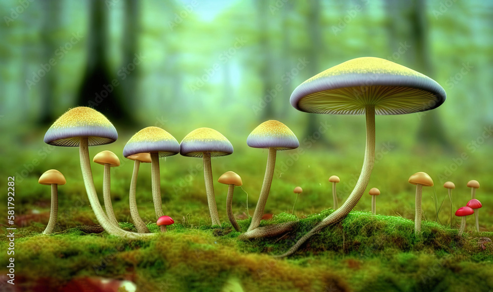 Fototapeta premium a group of mushrooms in a forest with mossy ground. generative ai