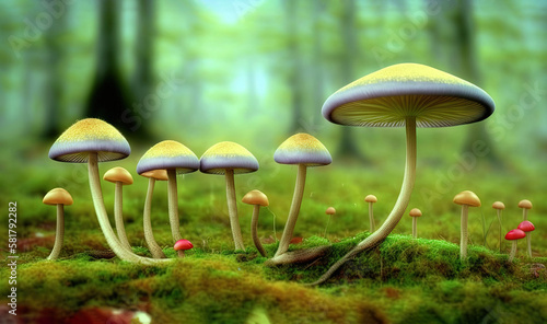  a group of mushrooms in a forest with mossy ground. generative ai