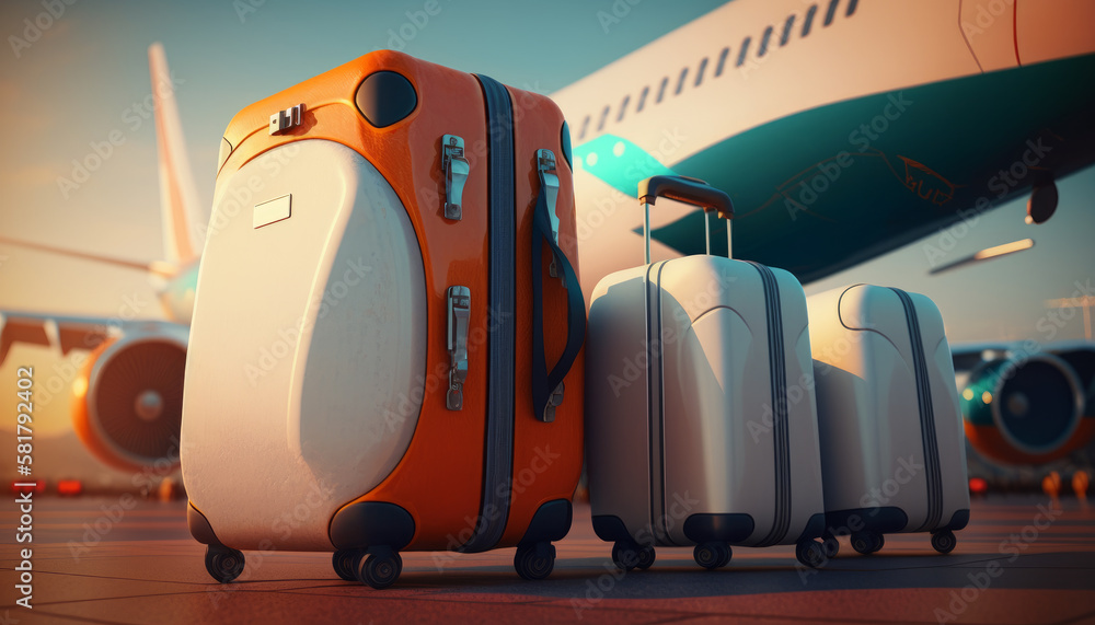 Three pieces of luggage sitting on the ground next to an airplane. Generative AI.