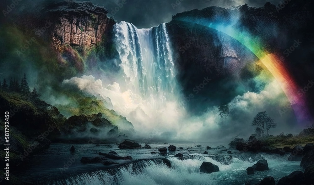  a waterfall with a rainbow in the middle of the water.  generative ai