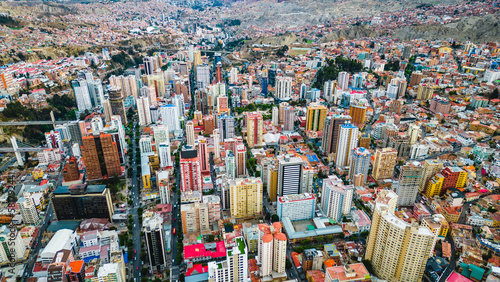 aerial of colourful district in la paz Bolivia capital drone above skyline cityscape skyscraper 