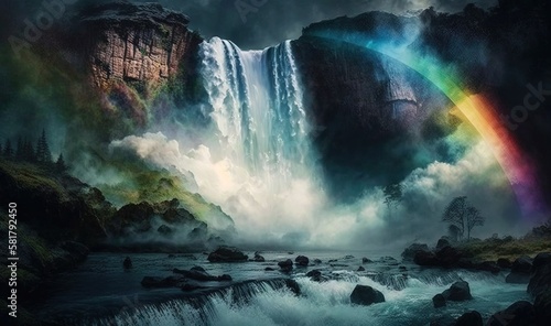  a waterfall with a rainbow in the middle of the water.  generative ai
