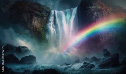  a waterfall with a rainbow in the middle of the water. generative ai