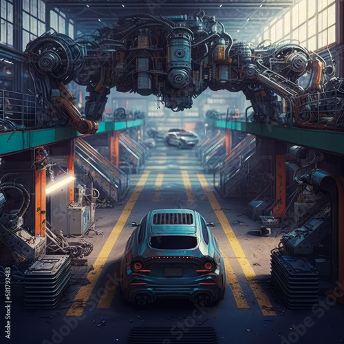 An image of car in an industrial building. Generative AI.