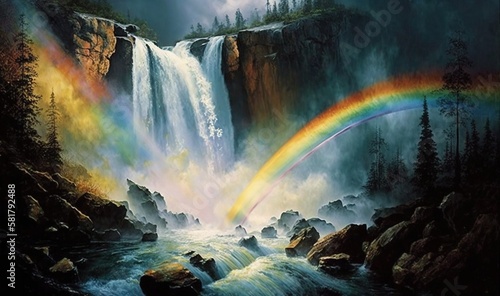  a painting of a waterfall with a rainbow in the middle. generative ai
