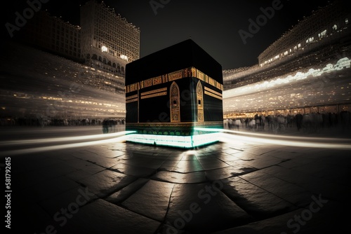 illustration, kaaba mecca in long exposure with color, generative ai photo