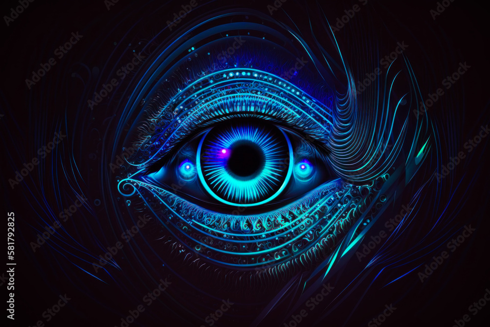 An eye with glowing lines on dark background. Generative AI.