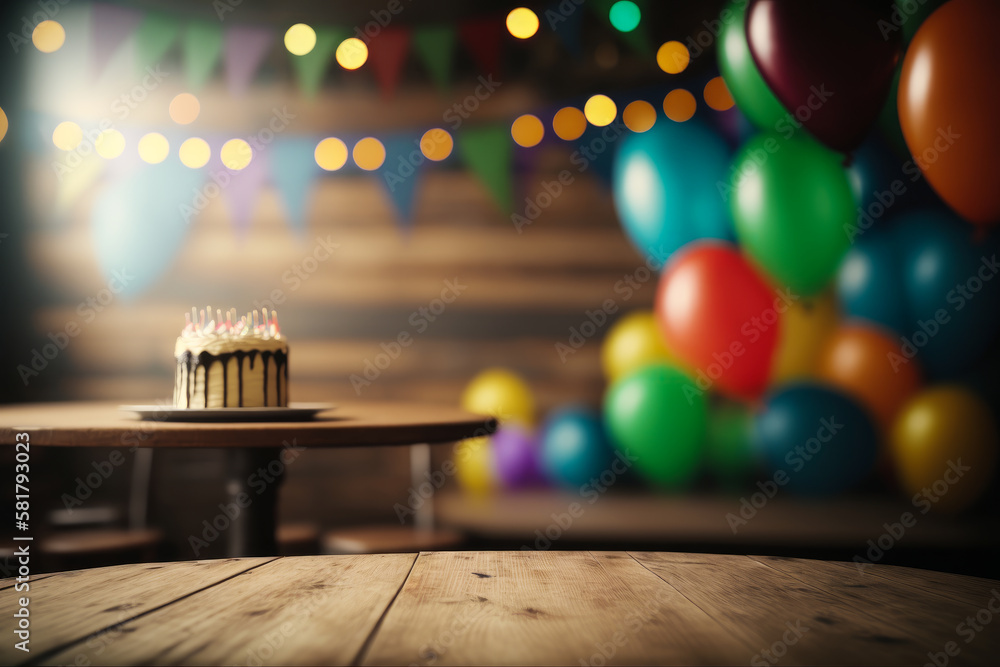 Birthday cake sits on top of wooden table with colorful balloons. Generative AI.