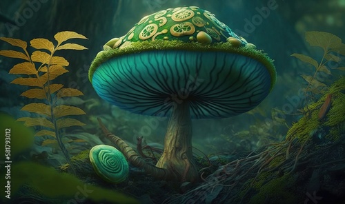  a painting of a green mushroom in a forest with ferns. generative ai