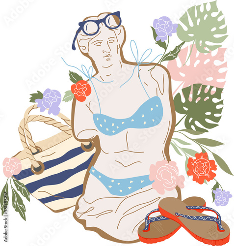 Schilderij op canvas Summer card or poster design with Venus stature and beach supplies