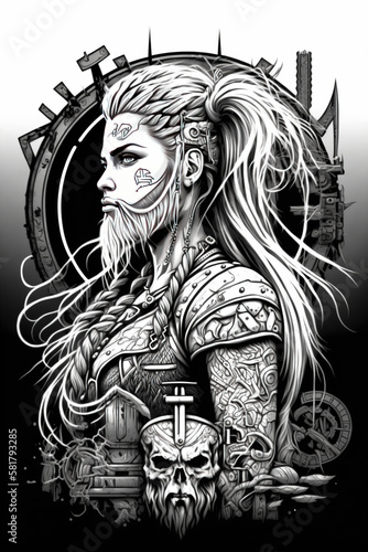 A colouring book page: Viking warrior, Norse mythology, Vikings created with Generative AI technology photo