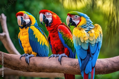 Fototapeta Colorful red, yellow and blue macaws in Parque das Aves (Birds Park) n the city of Foz do Iguaçu, close to the Iguazu Falls, Parana State,the South Region of Brazil