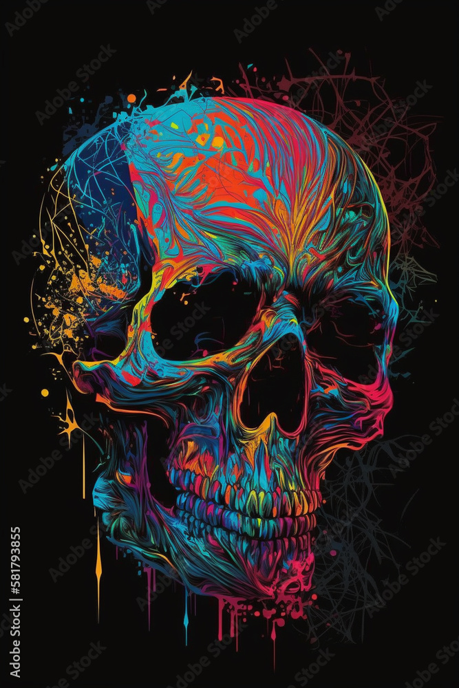 Generative Ai of a human skull in colors on a black background. Generative Ai of a human skull in colors on a black background.
