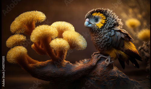  a bird sitting on a branch with yellow flowers in the background. generative ai