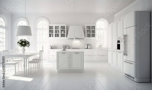  a white kitchen with a center island and a table with chairs.  generative ai