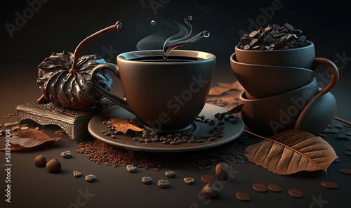  a cup of coffee with a spoon and some coffee beans.  generative ai