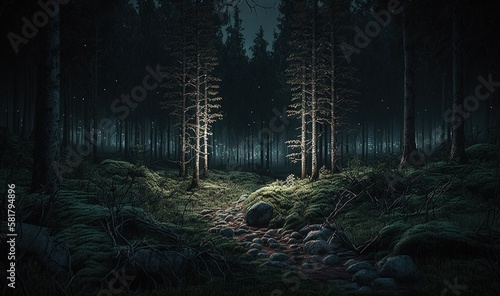  a dark forest filled with lots of trees and rocks at night.  generative ai