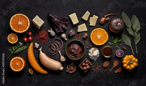  a variety of food is arranged on a black surface, including oranges, nuts, and other ingredients.  generative ai