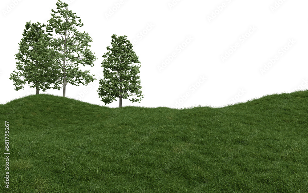 Fototapeta premium Realistic grass hill and tree. 3d rendering of isolated objects.