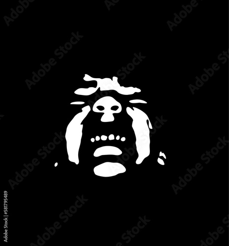 Graffiti stencil face. Little boy bares his teeth on a black background. Vector art.