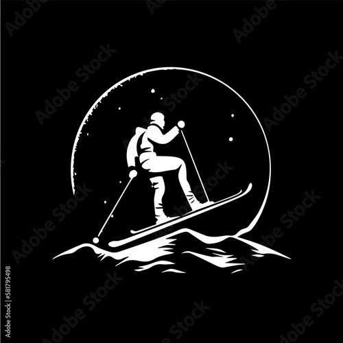 Skier logo template, mountain skis emblem, dotwork tattoo with dots shading, tippling tattoo. Hand drawing emblem on black background for body art, monochrome sketch art. Vector illustration