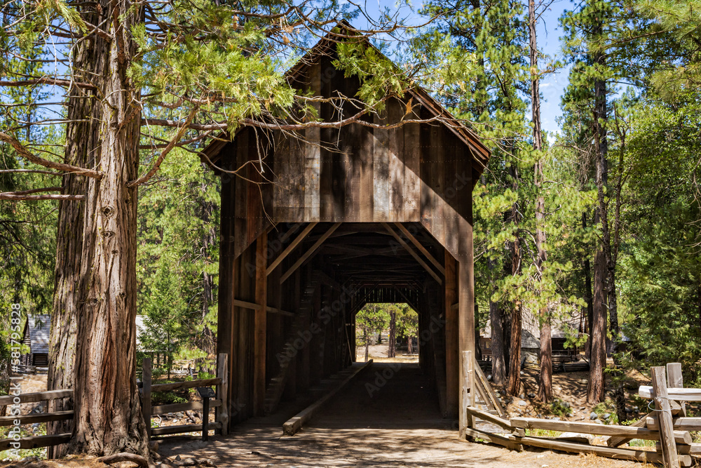 Wawona historic covered bridge in Yosemite National Park, in the Pioneer Yosemite History Center. Wawona historic covered bridge in Yosemite National Park, in the Pioneer Yosemite History Center.