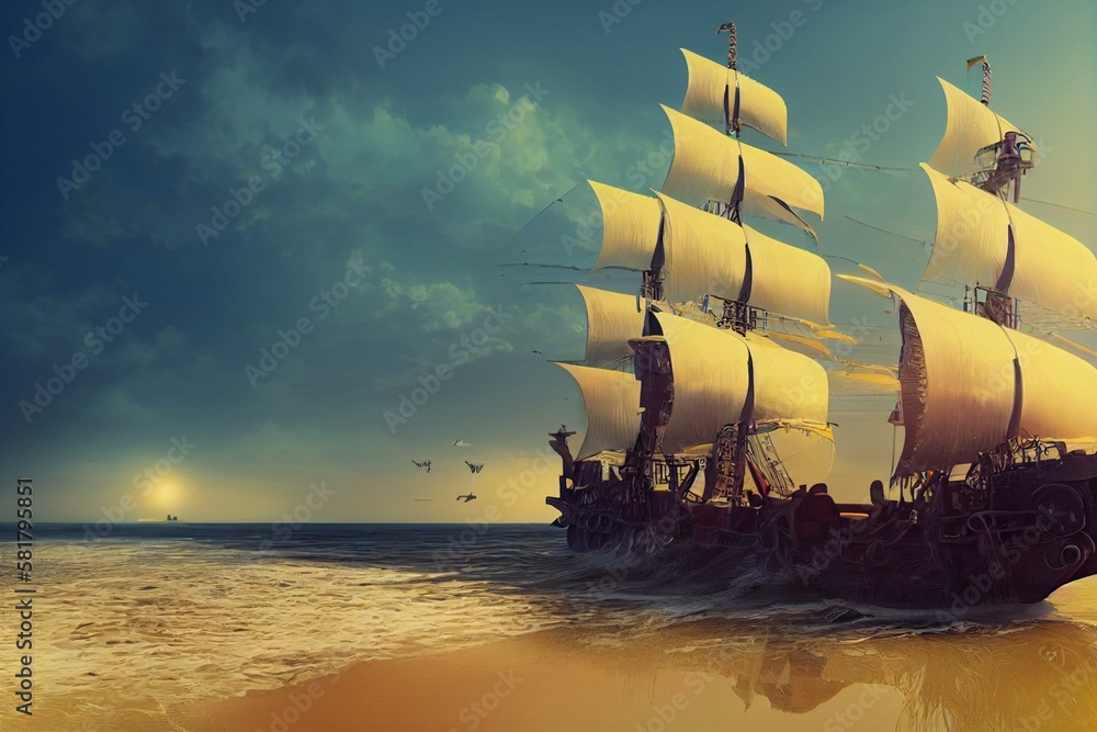 Pirate ship docking at a tropical beach. Galleon ship arriving to pick ...