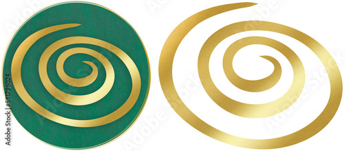Spiral swirl, symbol of unfolding developement, Spiral shape isolated in gold and on a green circle.