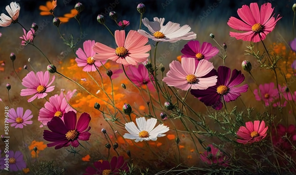 a painting of a field of flowers with a dark background. generative ai a painting of a field of flowers with a dark background. generative ai