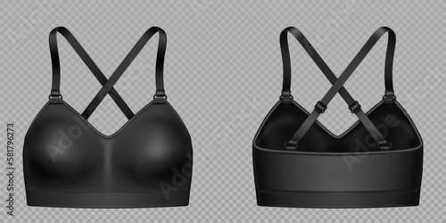 Black woman sport bra top vector mockup template. Isolated 3d realistic gym underwear for women fitness training or yoga on transparent background. Set of front and back sportswear view.