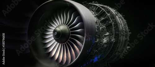 A turbofan jet engine with exterior covers detached, and internal section visible. generative AI.  photo