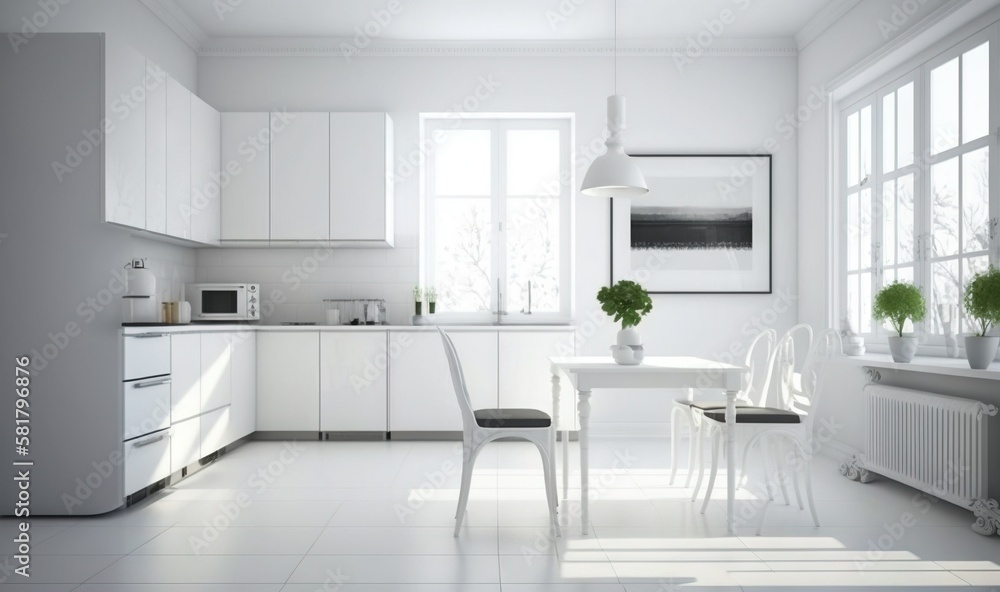 Fototapeta premium a white kitchen with a table, chairs and a refrigerator. generative ai