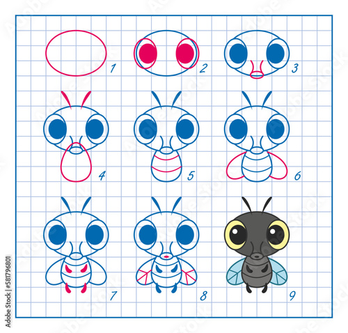 How to Draw Insect, Step by Step Lesson for Kids, Fly Cartoon Vector Illustration