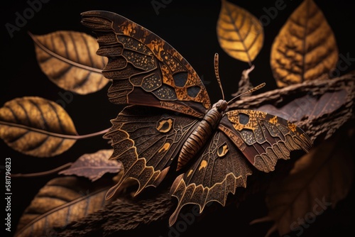 Ninja of the forest, excellent leaf camouflage, butterflies, Dark Evening Brown (Kurokonomacho). macro photography at close range. Generative AI photo