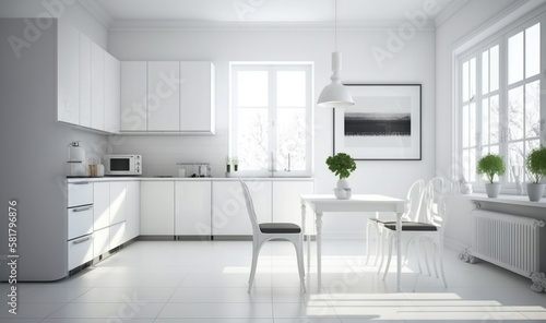  a white kitchen with a table, chairs and a refrigerator. generative ai