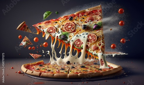  a slice of pizza with toppings falling out of it. generative ai