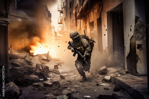 Running soldier, fighting. generative AI © ReisMedia